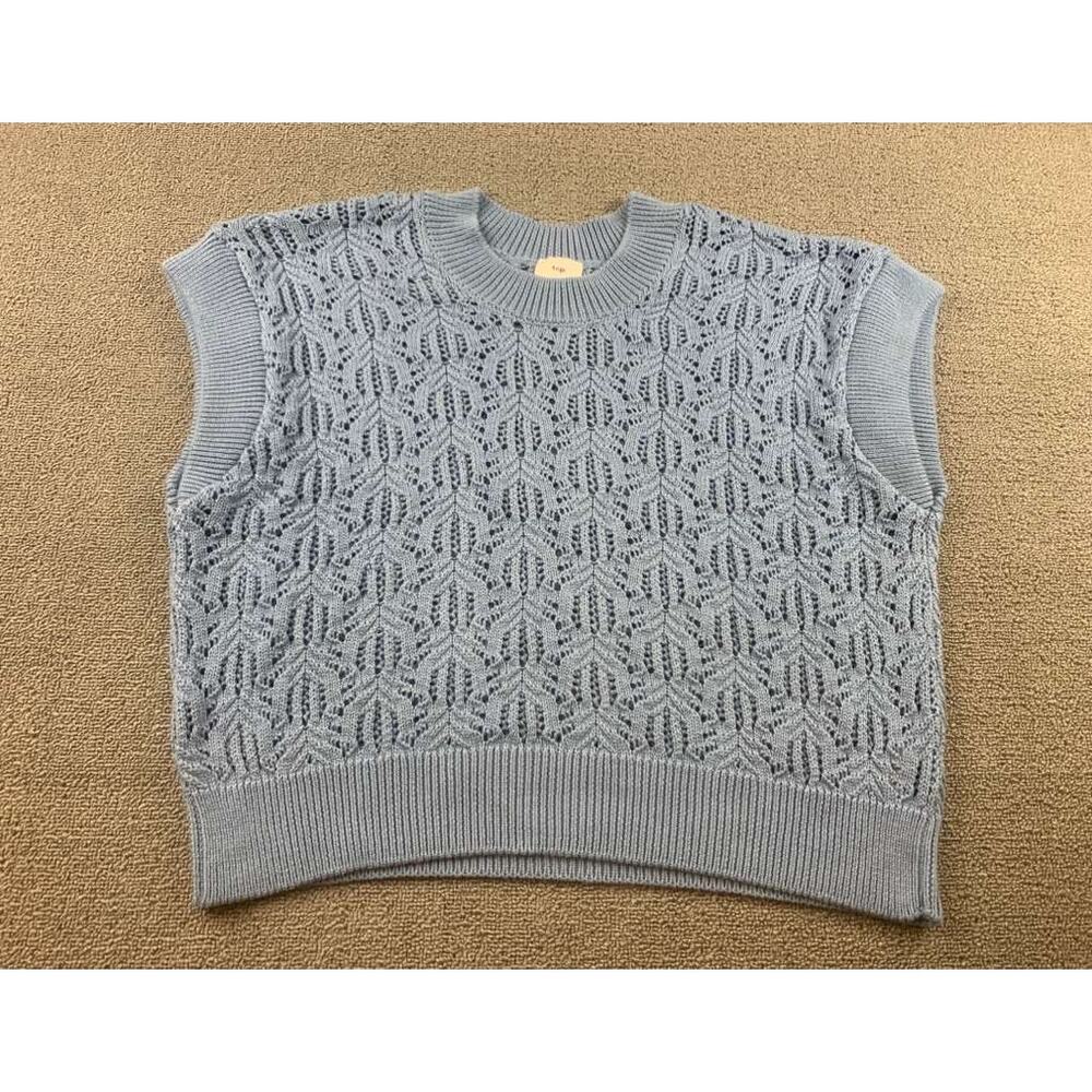 An'ge Ange Sweater Vest Women S/M Blue Open Knit Eyelet Sleeveless Preppy